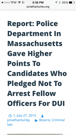 police department in massachusetts gave higher points to candidates who pledged not to arrest fellow officers for DUI