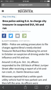 Brea treasurer arrested for DUI